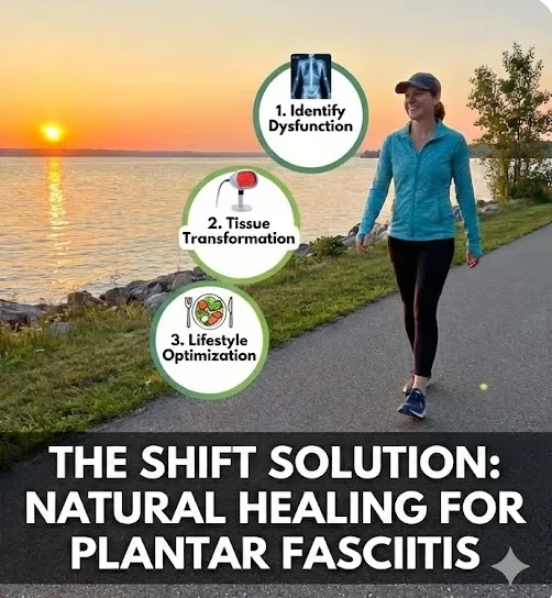 flyer of woman walking the sidewalk along a lake at sunset